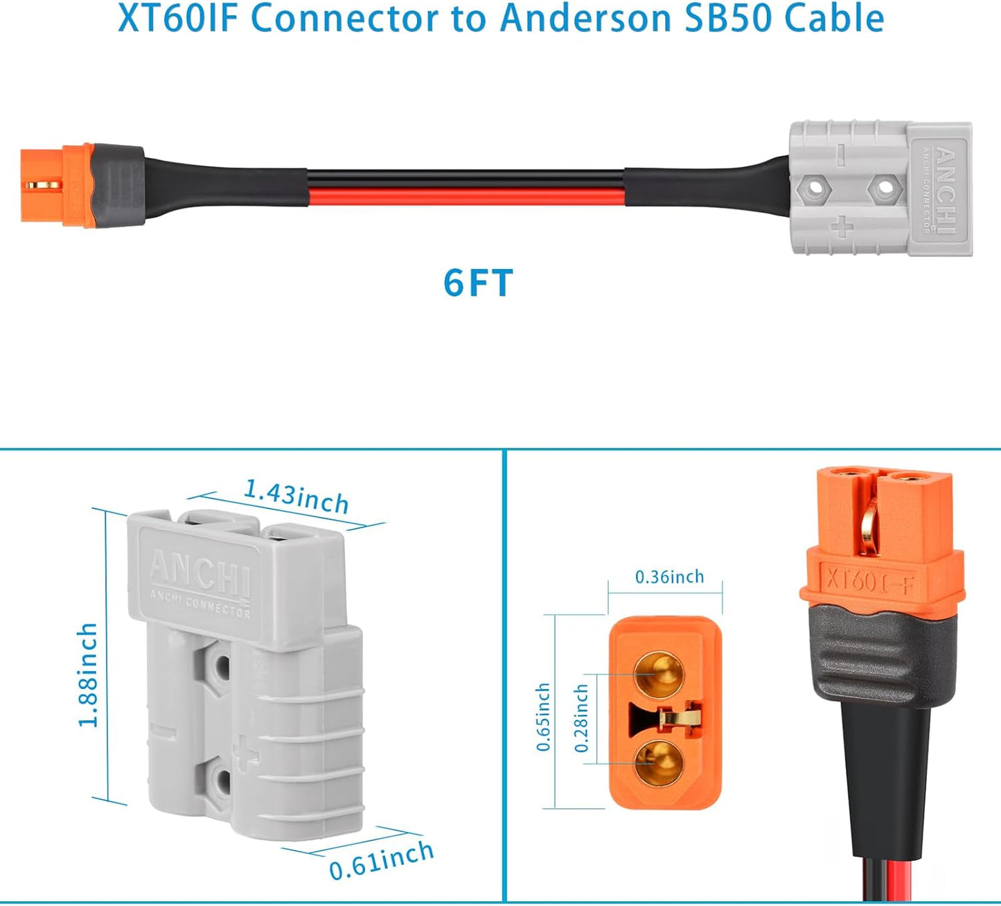 Adapter Cable. Connecting Anderson 50A Plug To XT60 Plug. (1.5M 14AWG)