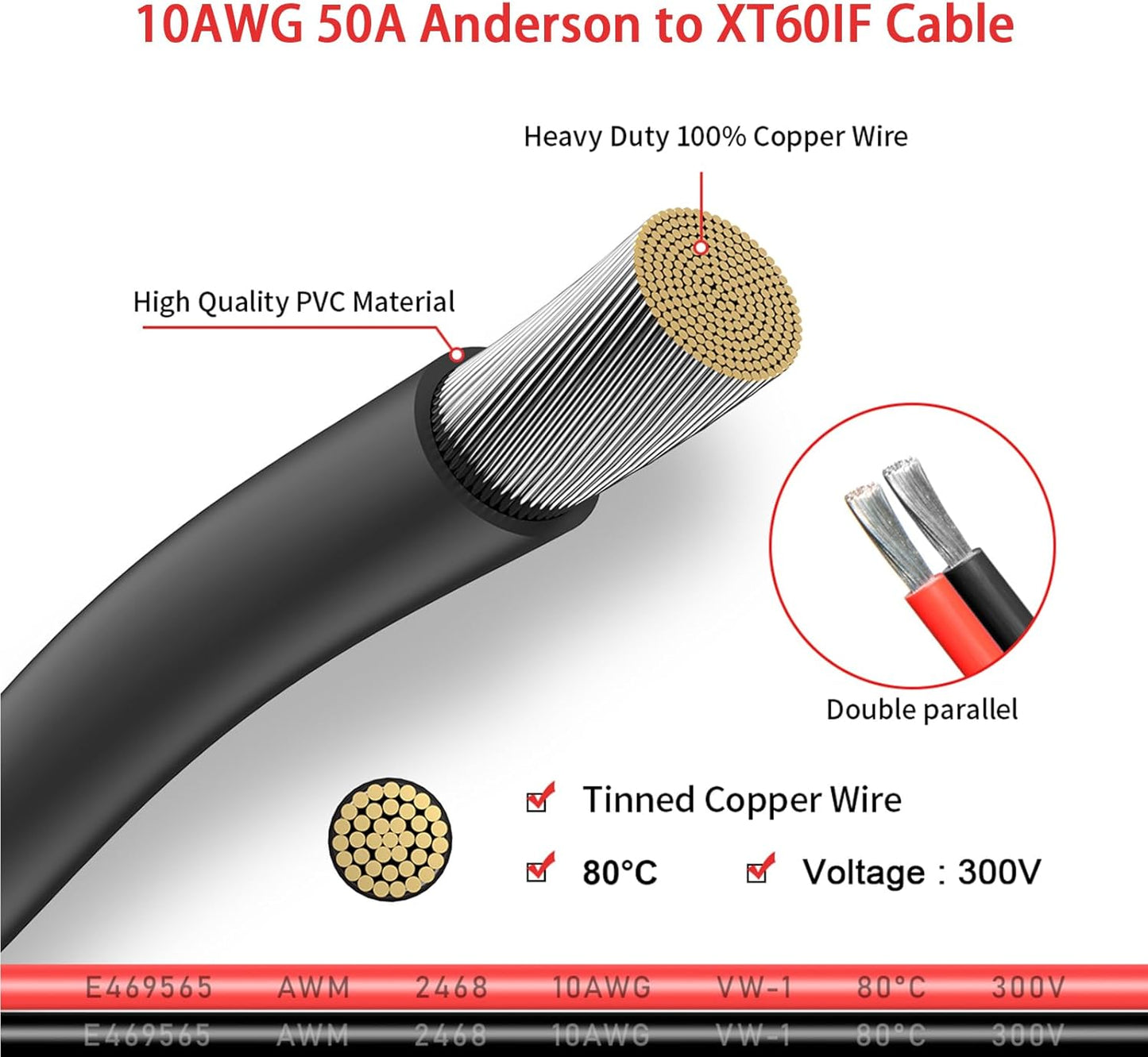 Adapter Cable. Connecting Anderson 50A Plug To XT60 Plug. (1.5M 14AWG)