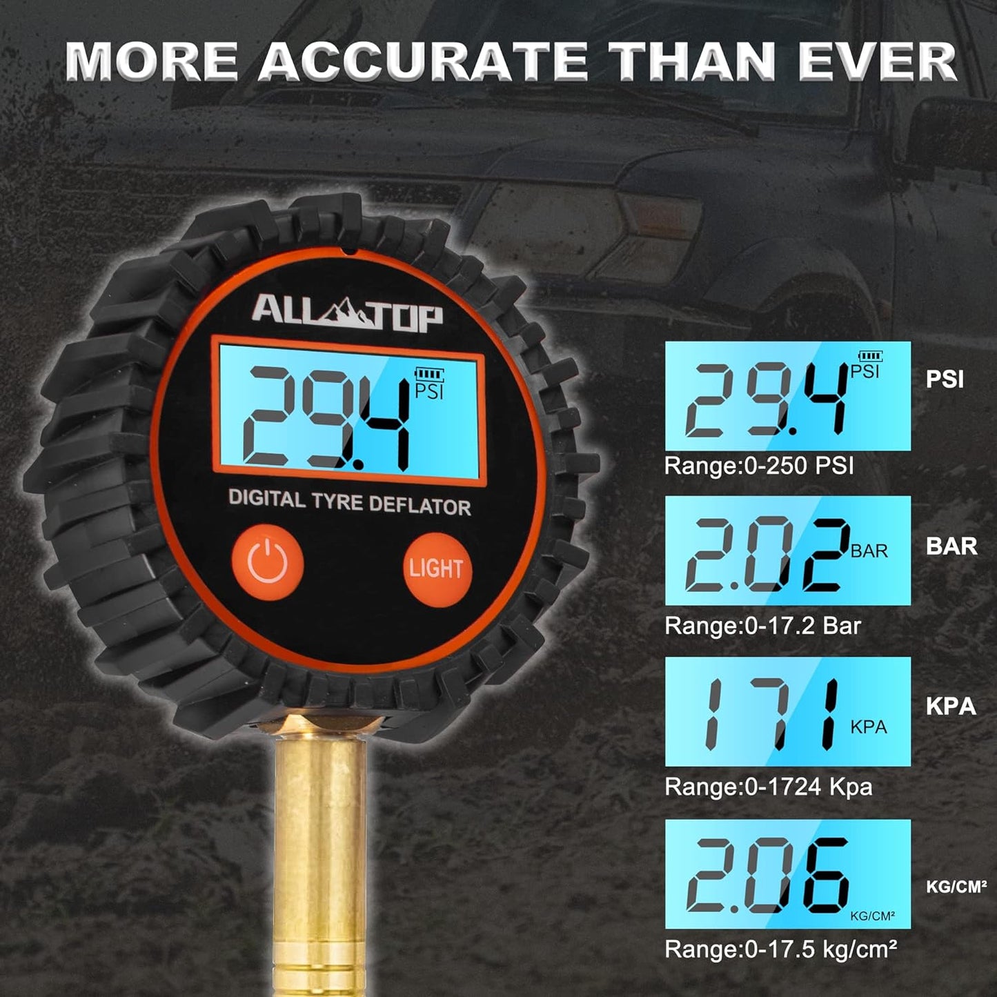 ALL-TOP 4x4 Digital tyre Deflator kit, Professional Tire Pressure Gauge, Air Down Master, Rapid Tire Deflator (250 PSI)