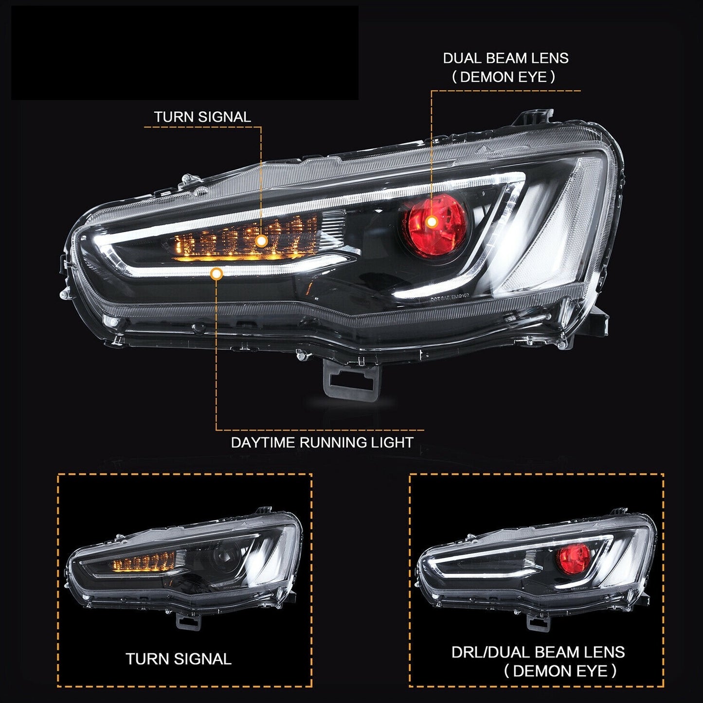 Demon Eye 3D LED DRL Projector Head Light Fit For Mitsubishi Lancer CJ EVO X VRX 2007-2017