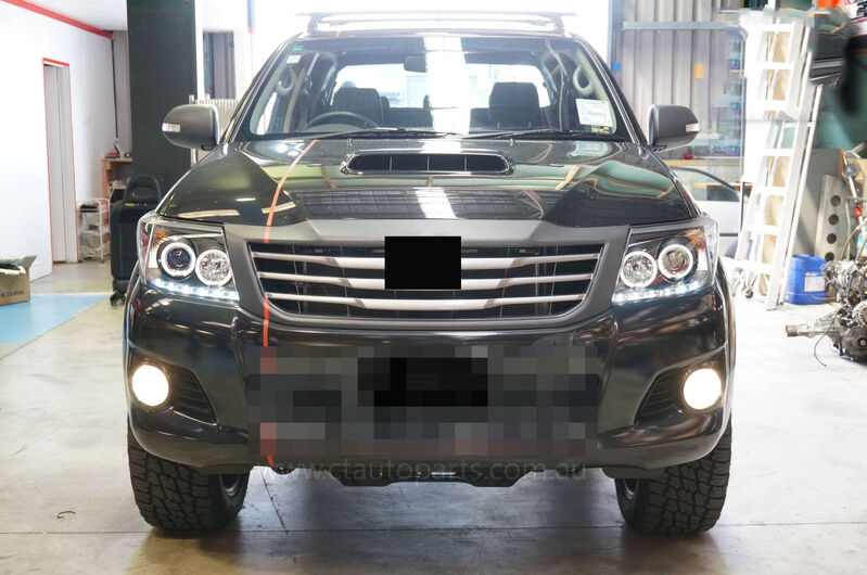 Black DRL LED Angel-Eyes Projector Headlights Fit For Toyota Hilux SR5 2011-2014