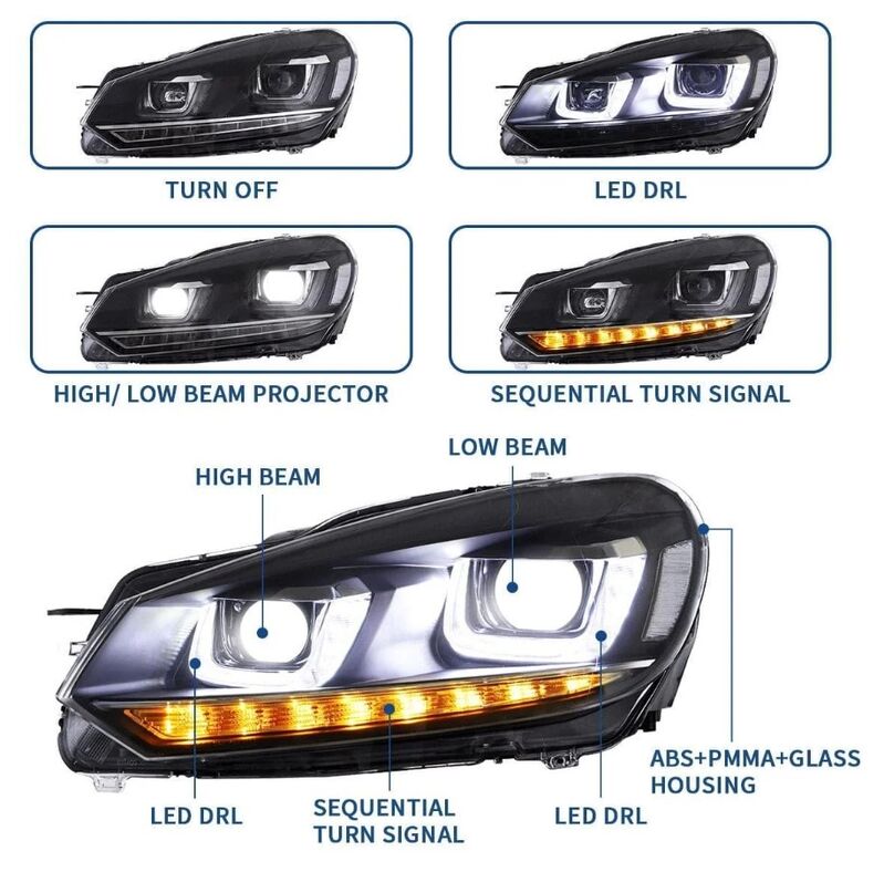 DRL Sequential LED Headlights Fit For Volkswagen VW Golf 6 MK6 GTI TDI 2008-2014