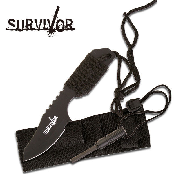 Survivor Black Paracord Wrapped Knife w Fire Starter