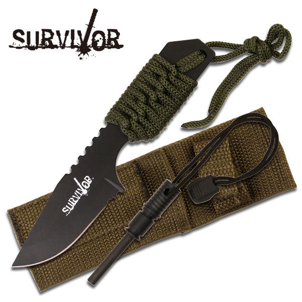 Survivor Green Paracord Wrapped Knife w Fire Starter