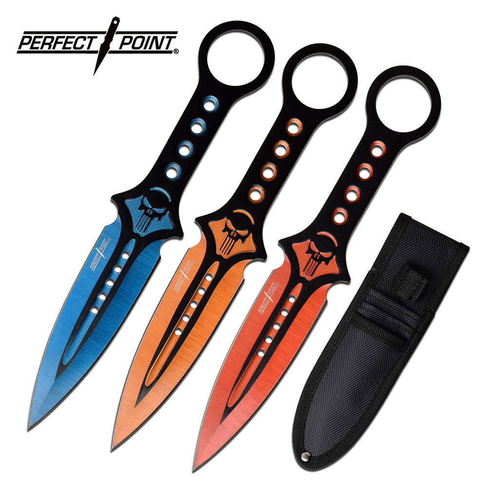 Perfect Point Red/Orange/Blue Skull Throwing Knives 3pk