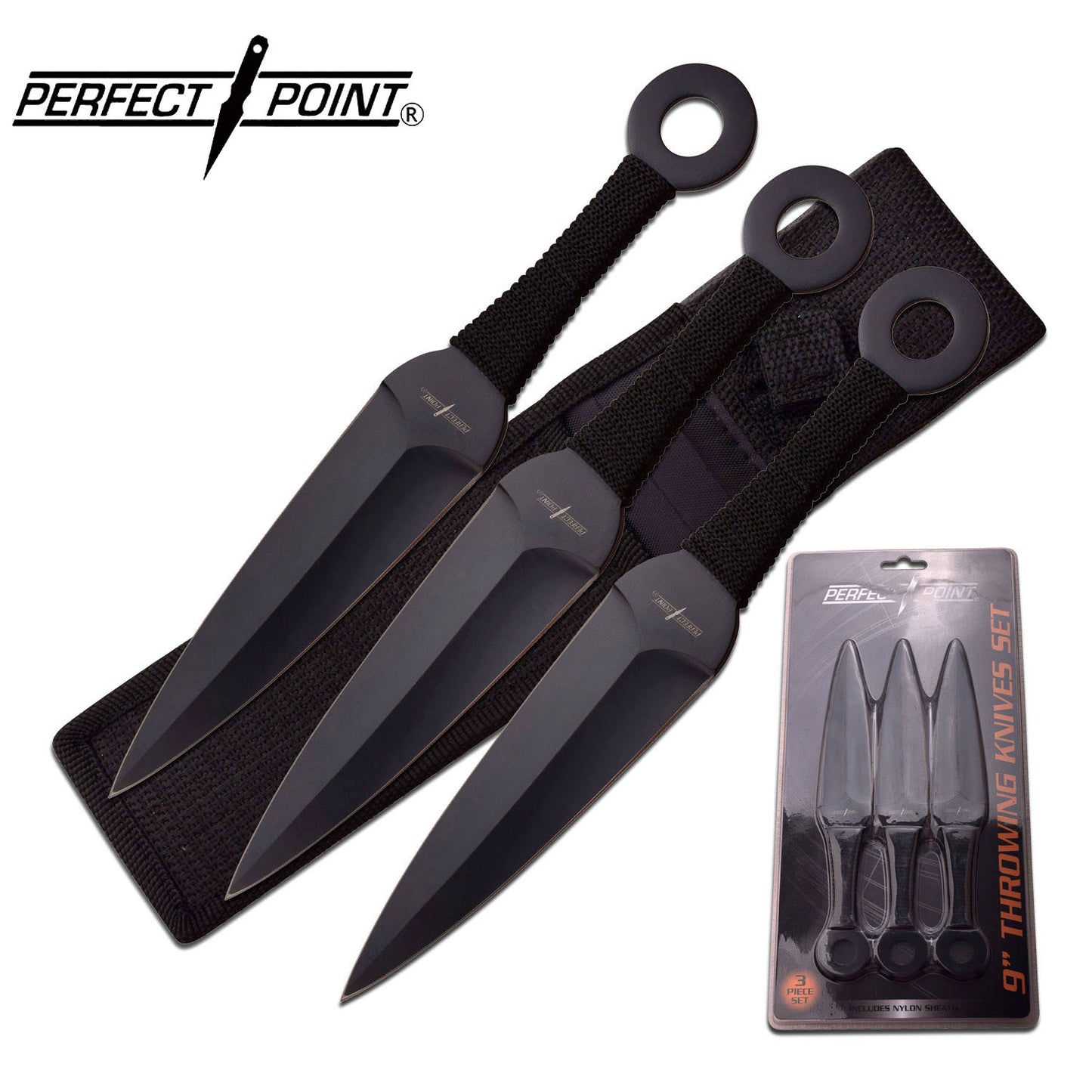 Perfect Point Black Cord Wrapped Throwing Knives 3pk - Hang Pack