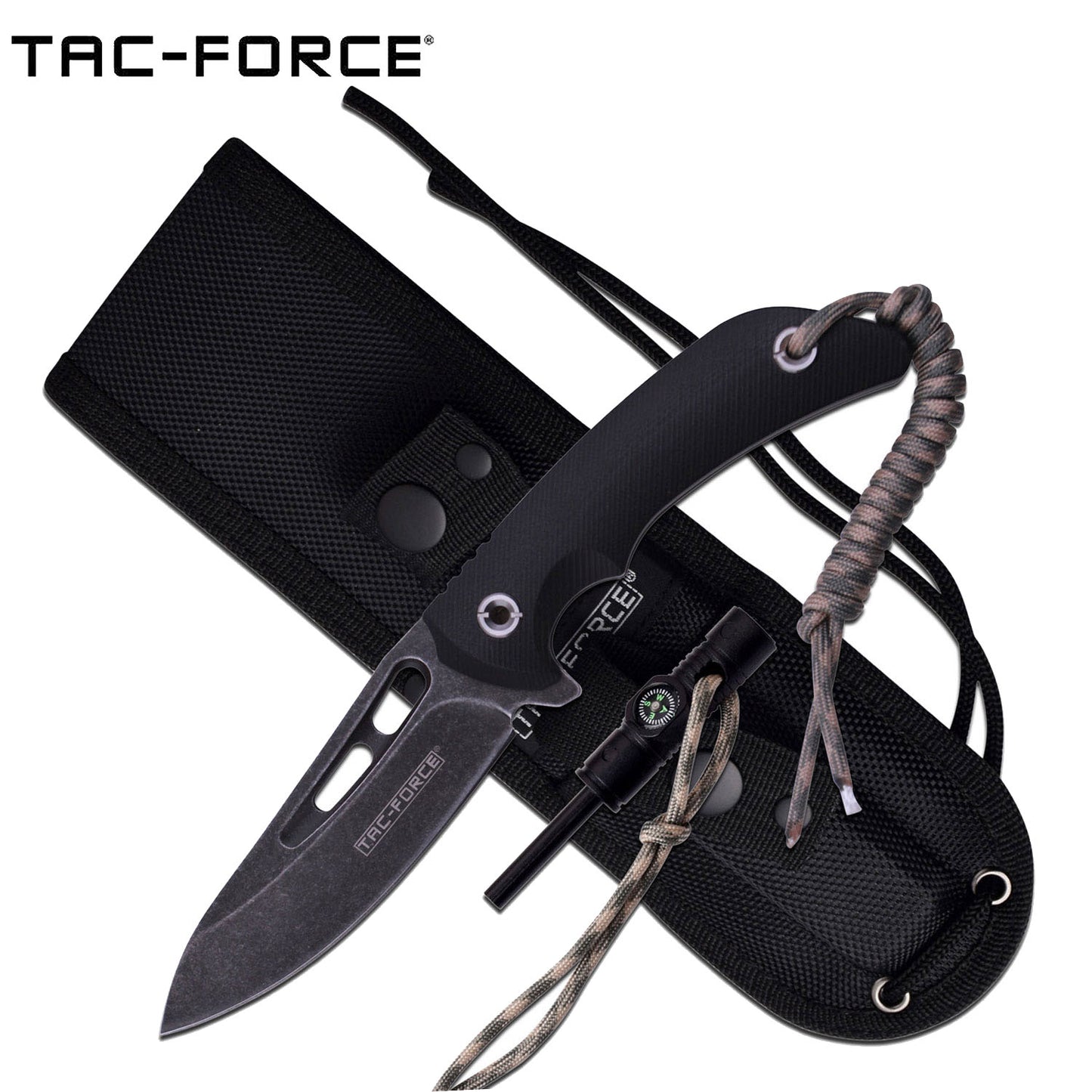 Tac-Force Survival Knife w Paracord, Firestarter & Compass