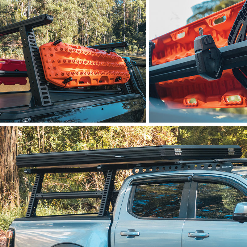 Multiple Showcases of the Ute Ladder Rack with accessories attached, like clips, offroading recovery tools & a large rooftop tent.
