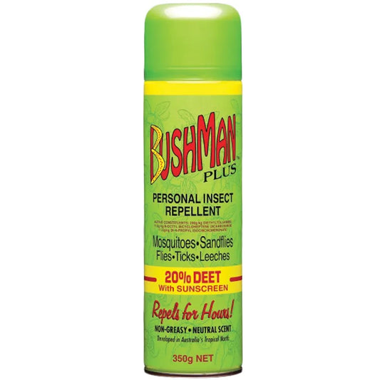 BUSHMANS 350G AEROSOL INSECT REPELLANT 20% DEET W. SUNCREEN BP350A