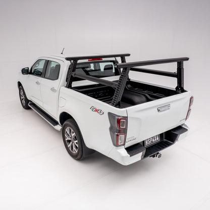 Isuzu D-MAX Gen 3 ladder rack fitted to dual cab ute, engineered for ladder transport, roof-mounted loads, and trade gear.