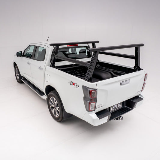 Isuzu D-MAX Gen 3 ladder rack fitted to dual cab ute, engineered for ladder transport, roof-mounted loads, and trade gear.