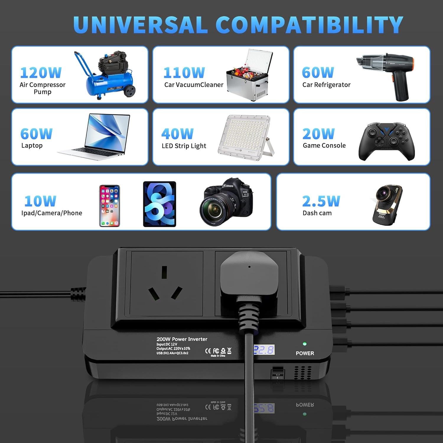 200W Car Power Inverter, DC 12V to 240V AC Converter with 2 AU Outlets & 4 USB Ports, Fast Charging Adapter with Switch and Current LED Screen for Car, SUV, Truck