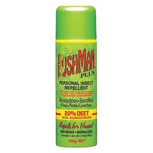 BUSHMANS 150G AEROSOL INSECT REPELLANT 20% DEET W. SUNCREEN BP150A