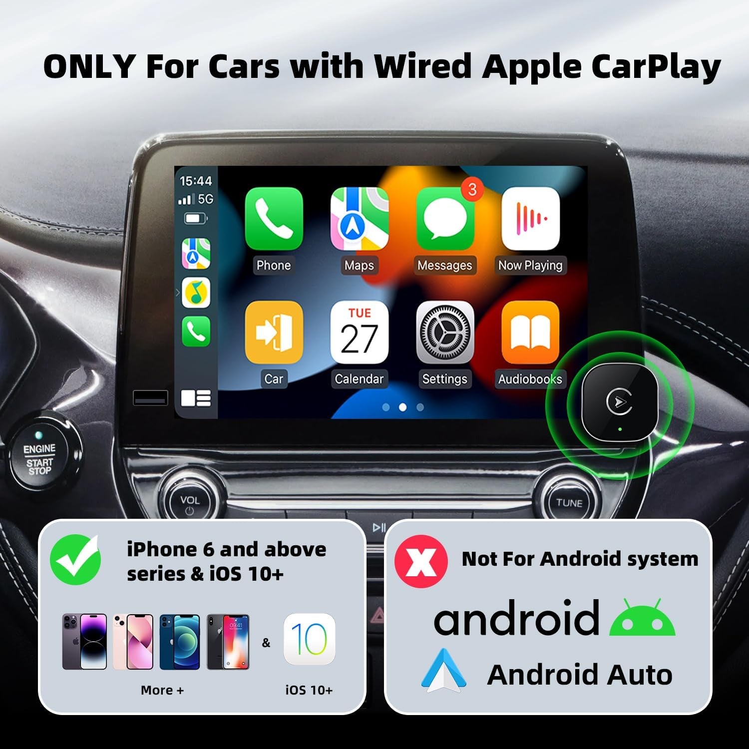 Wireless Carplay Adapter for Iphone, 2025 Upgrade Mini USB Design with Built-In Wired Apple Carplay Plug and Play, Converts Wired to Wireless, Stable Connection Carplay for Iphone 6+, Ios 10+