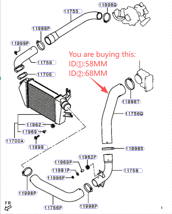 Intercooler To Throttle Body Piping Hose Fit For Mitsubishi Triton ML MN 2.5L 4D56T 2008-2015 1505A850 ID 58 & 68MM