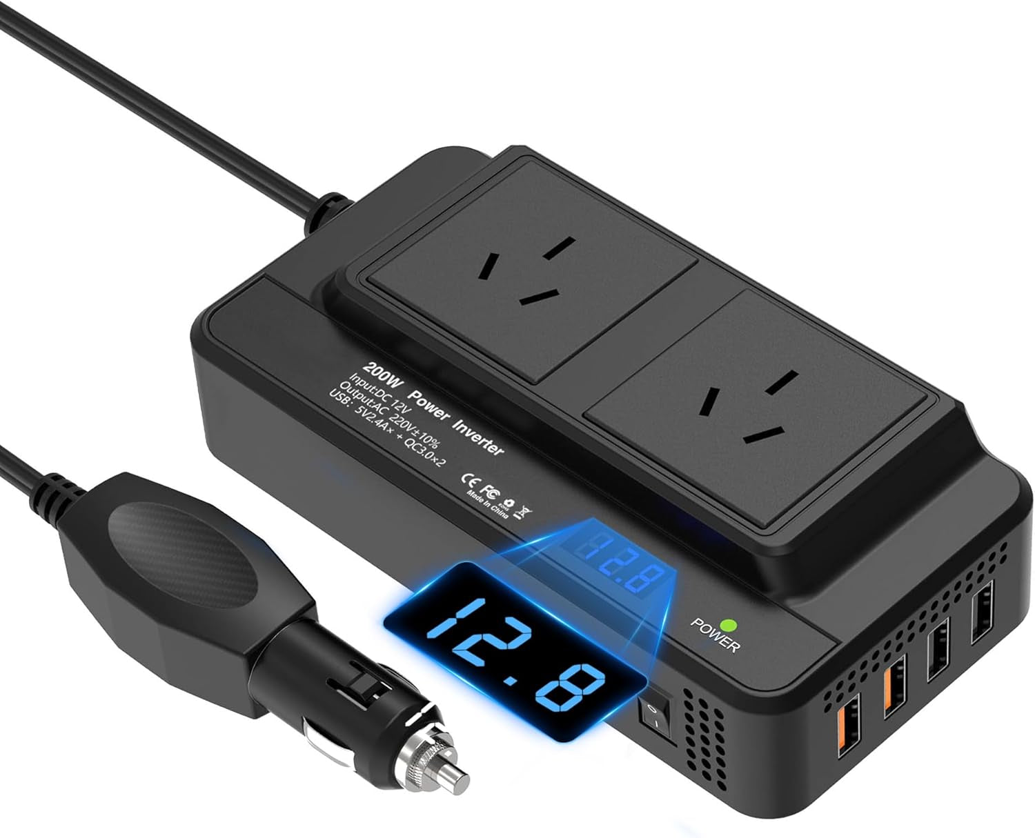 200W Car Power Inverter, DC 12V to 240V AC Converter with 2 AU Outlets & 4 USB Ports, Fast Charging Adapter with Switch and Current LED Screen for Car, SUV, Truck