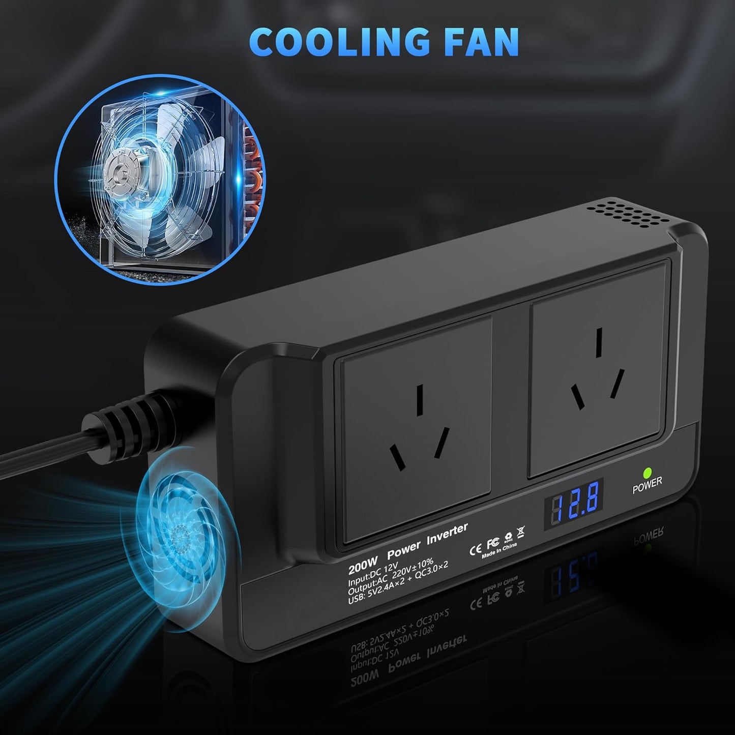 200W Car Power Inverter, DC 12V to 240V AC Converter with 2 AU Outlets & 4 USB Ports, Fast Charging Adapter with Switch and Current LED Screen for Car, SUV, Truck