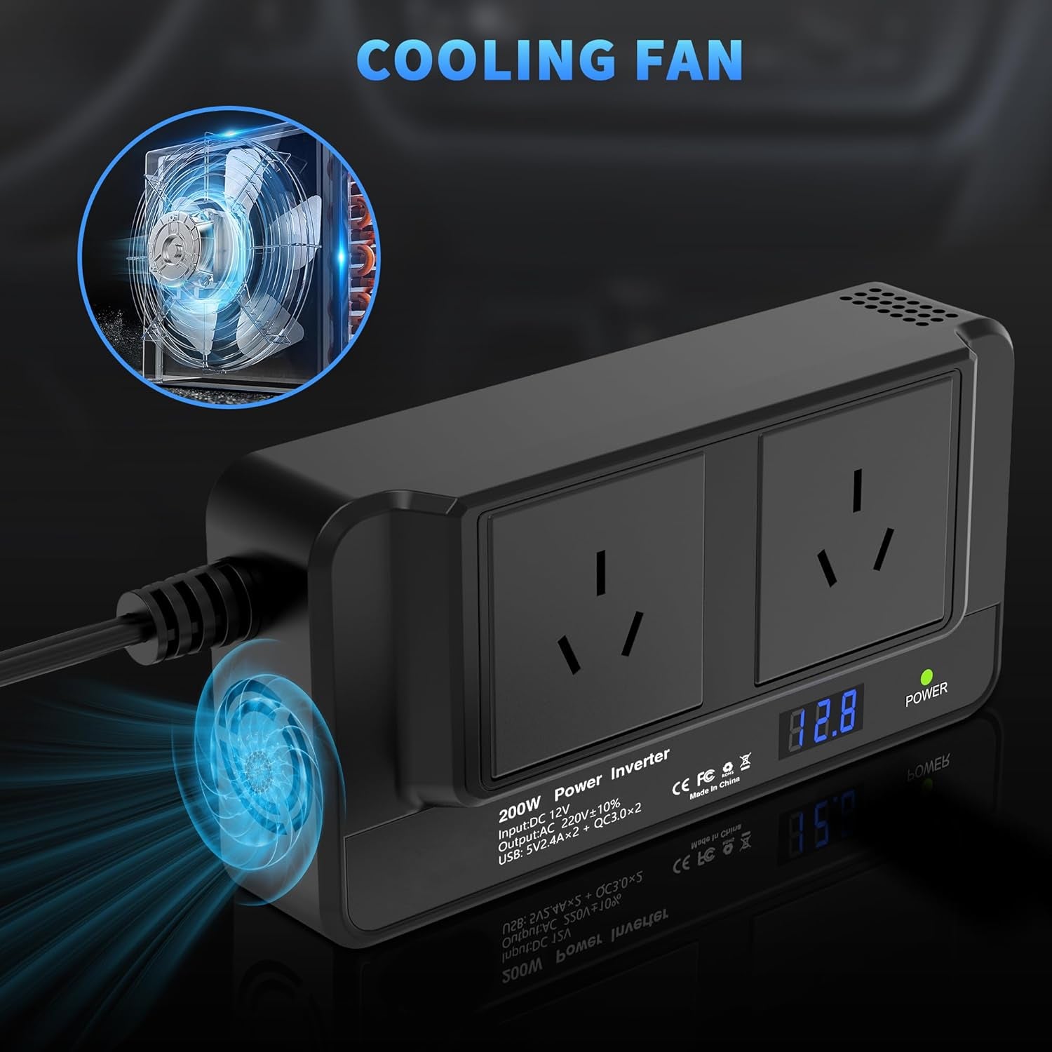 200W Car Power Inverter, DC 12V to 240V AC Converter with 2 AU Outlets & 4 USB Ports, Fast Charging Adapter with Switch and Current LED Screen for Car, SUV, Truck