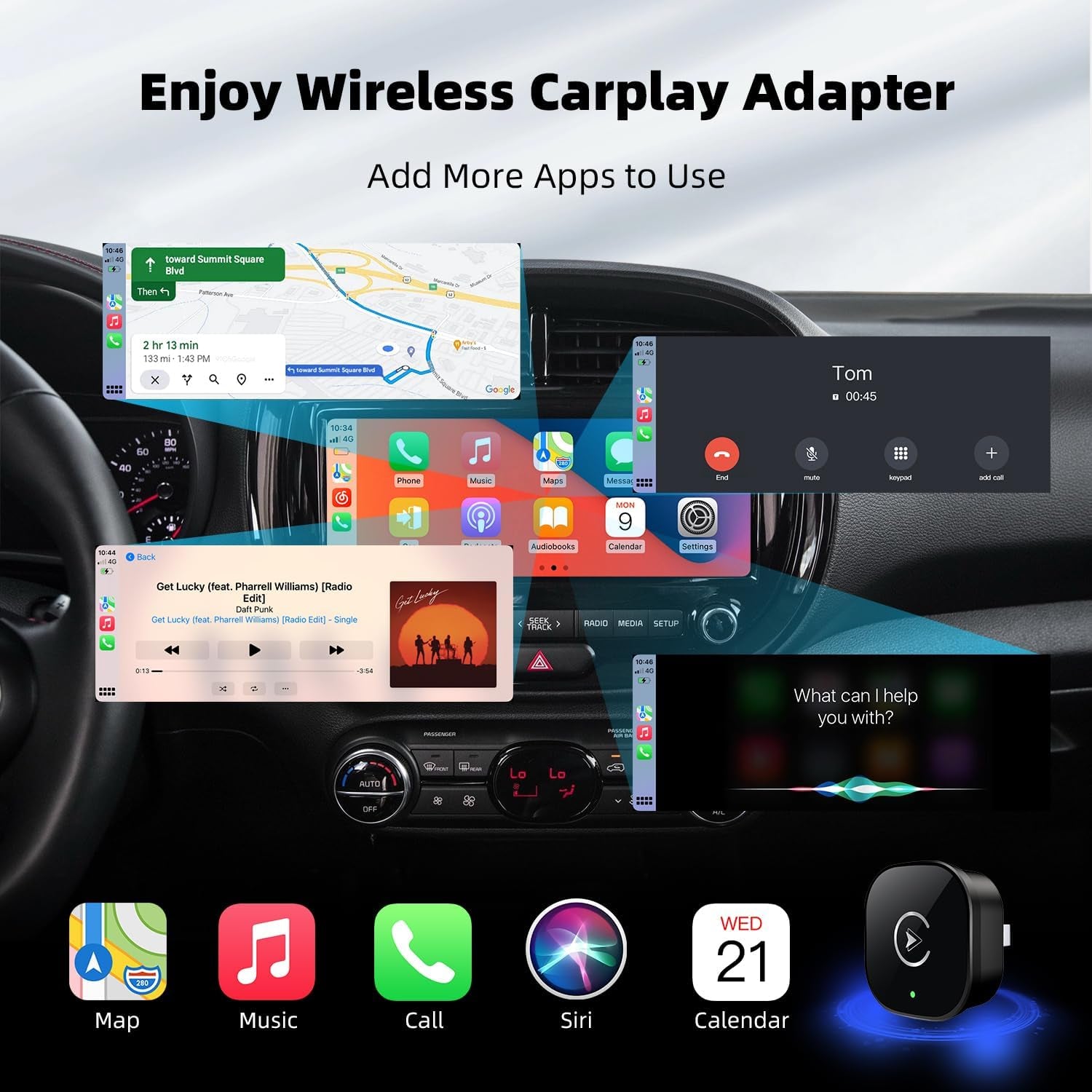 Wireless Carplay Adapter for Iphone, 2025 Upgrade Mini USB Design with Built-In Wired Apple Carplay Plug and Play, Converts Wired to Wireless, Stable Connection Carplay for Iphone 6+, Ios 10+