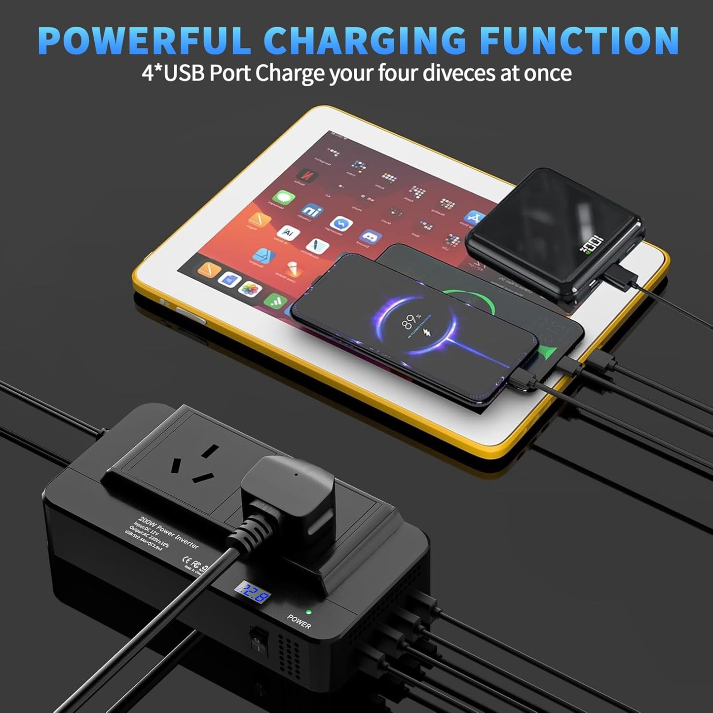 200W Car Power Inverter, DC 12V to 240V AC Converter with 2 AU Outlets & 4 USB Ports, Fast Charging Adapter with Switch and Current LED Screen for Car, SUV, Truck