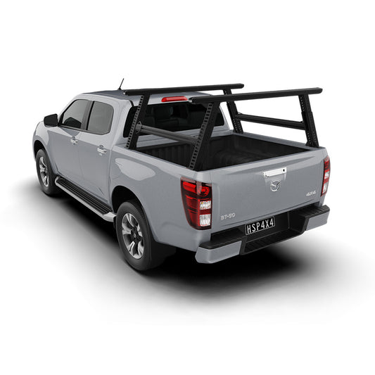 Mazda BT-50 TF ladder rack mounted to dual cab ute, designed for carrying ladders, rooftop storage, and worksite equipment.