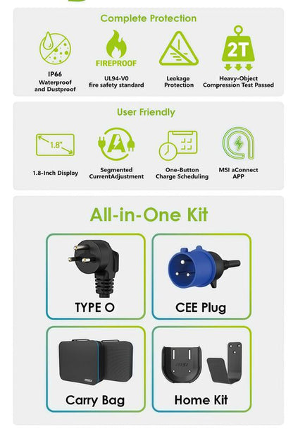 MSI Portable EV Charger Grey Ezgo 10A+15A+Home Kit Single Phase
