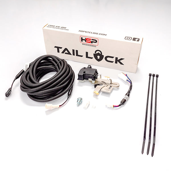 HSP Tail Lock kit components including wiring loom, connectors, control module and mounting hardware laid out on white background