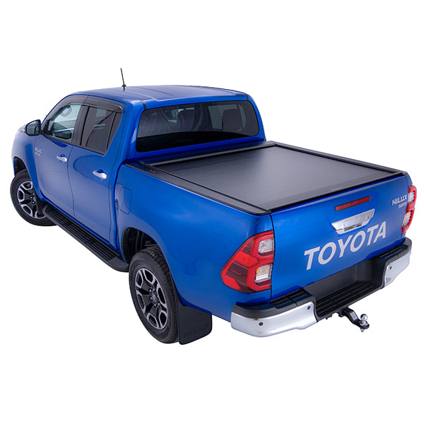 Blue Toyota Hilux SR5 with roller cover closed rear three-quarter alternate angle