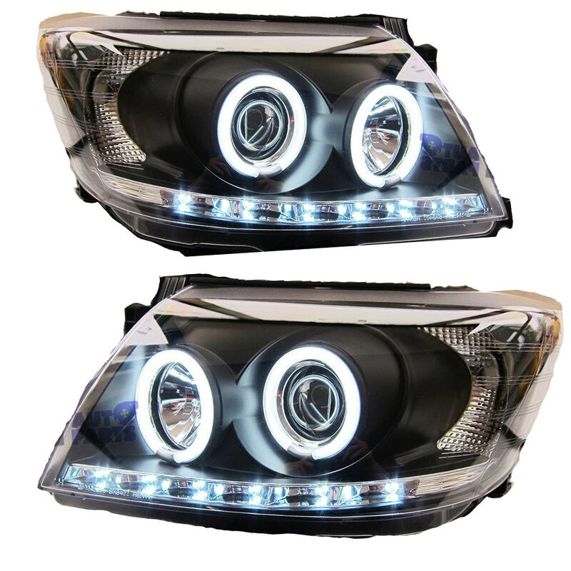 Black DRL LED Angel-Eyes Projector Headlights Fit For Toyota Hilux SR5 2011-2014