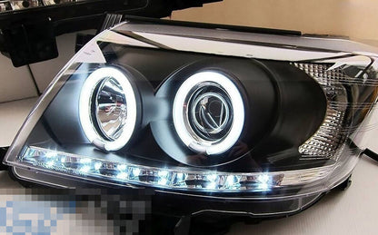 Black DRL LED Angel-Eyes Projector Headlights Fit For Toyota Hilux SR5 2011-2014