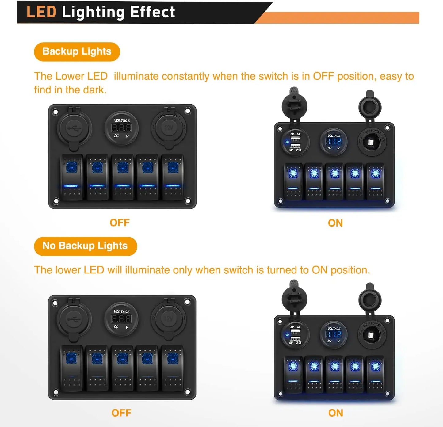 12V 24V DC Aluminum 5 Gang Rocker Switch Panel with Dual USB Cigarette Lighter Socket Voltmeter for Cars Boat Rvs Trucks