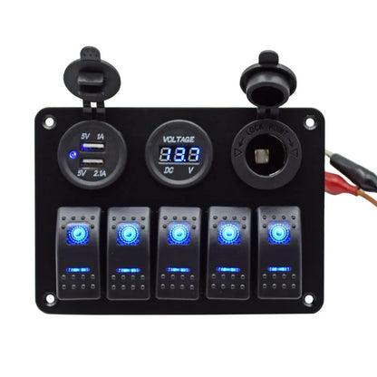 12V 24V DC Aluminum 5 Gang Rocker Switch Panel with Dual USB Cigarette Lighter Socket Voltmeter for Cars Boat Rvs Trucks