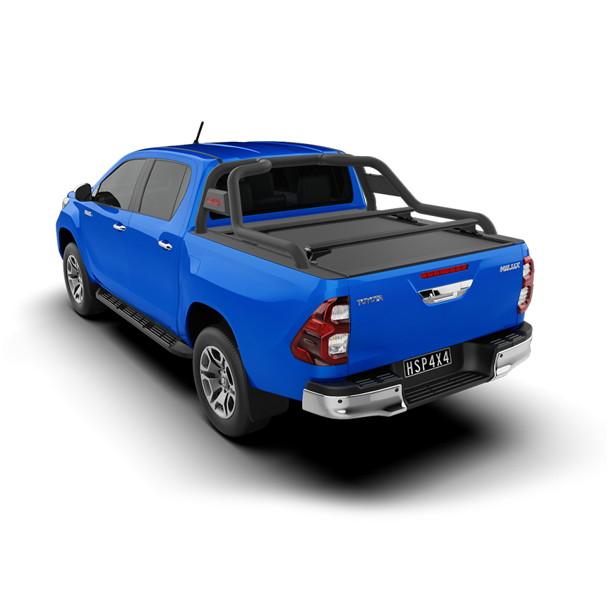 Blue Toyota Hilux SR5 with HSP roll top, roller cover closed and load bars fitted alternate rear angle