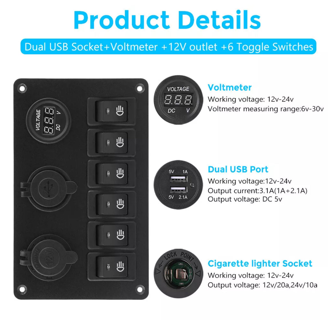 6 GANG 12V SWITCH PANEL LED ROCKER TOGGLE CONTROL PANEL BOAT MARINE WATERPROOF