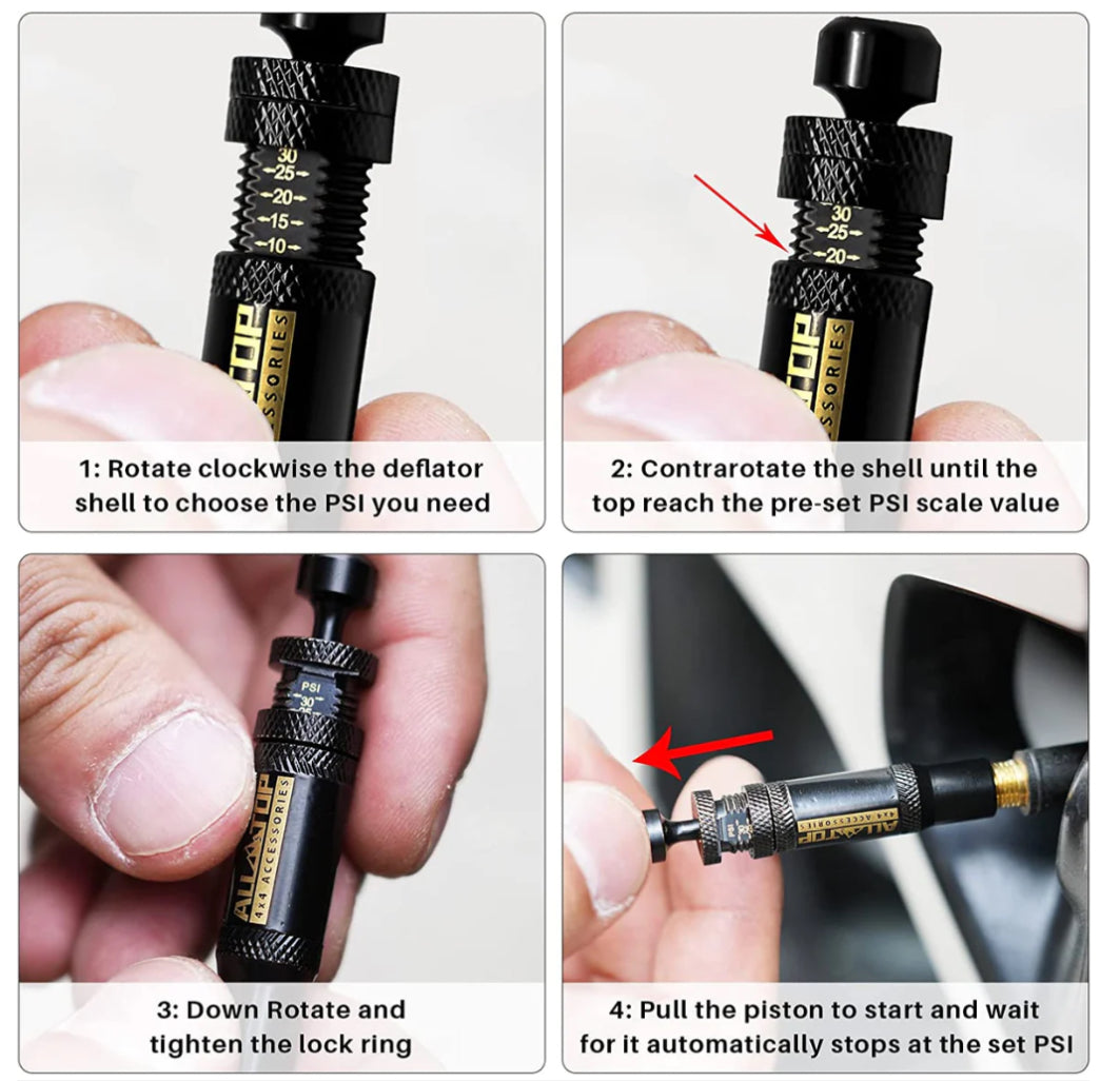 ADJUSTABLE AUTO-STOP AIR-DOWN TYRE DEFLATOR, 10-30 PSI, 4PCS