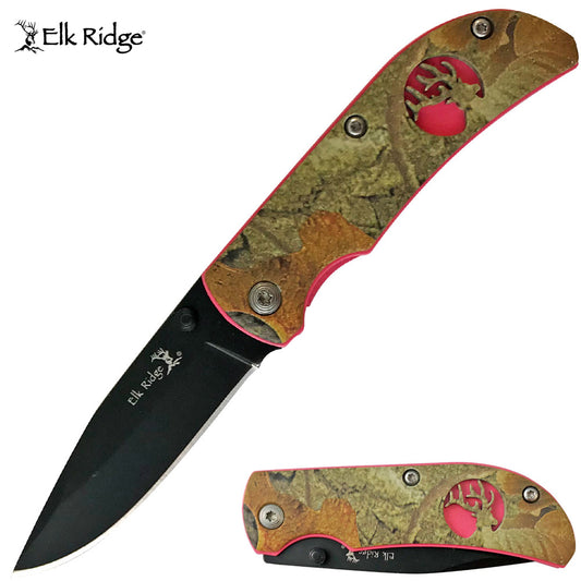 Elk Ridge - Camo Folding Knife with Pink Trim