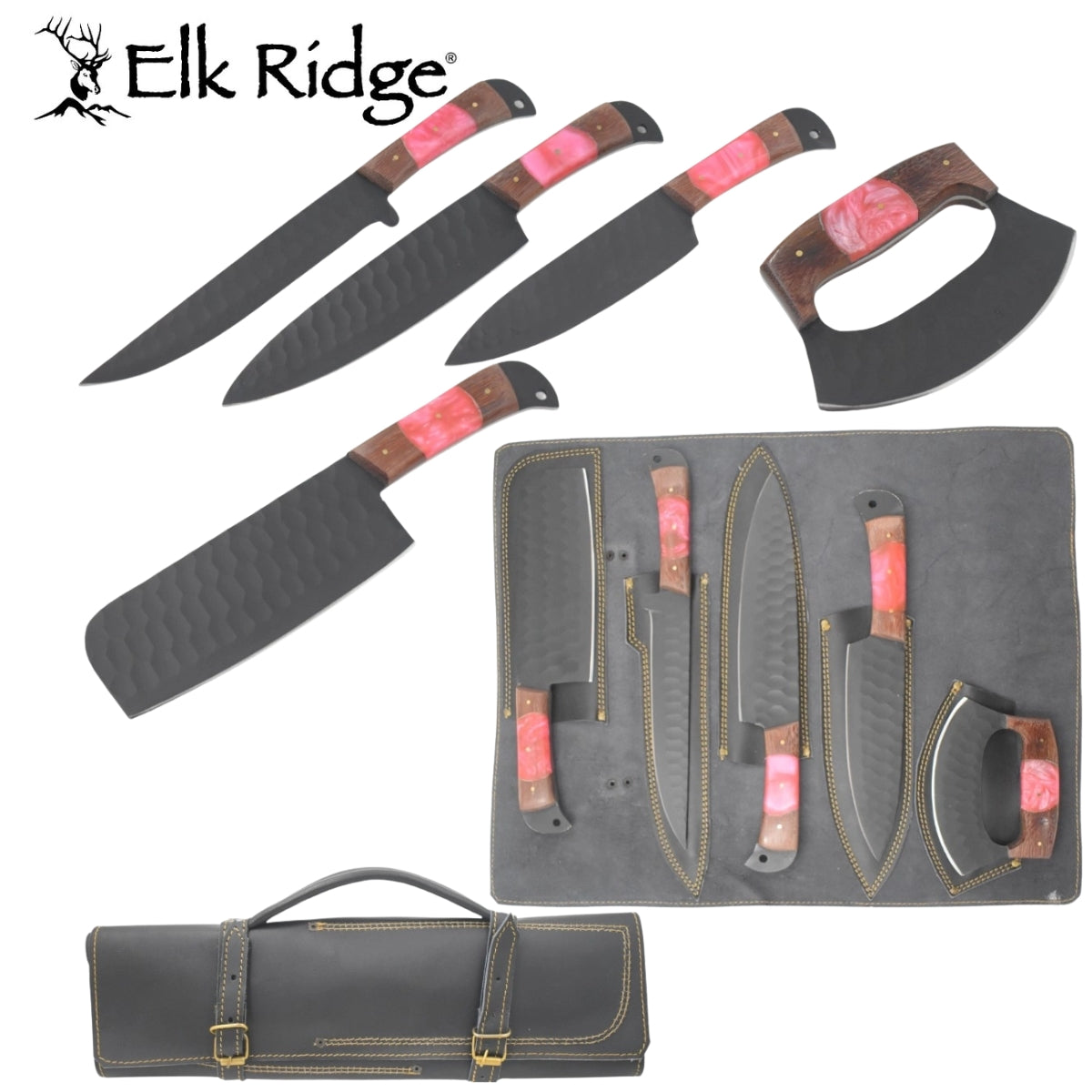 Elk Ridge Pink & Brown 5 Piece Kitchen Knife Set