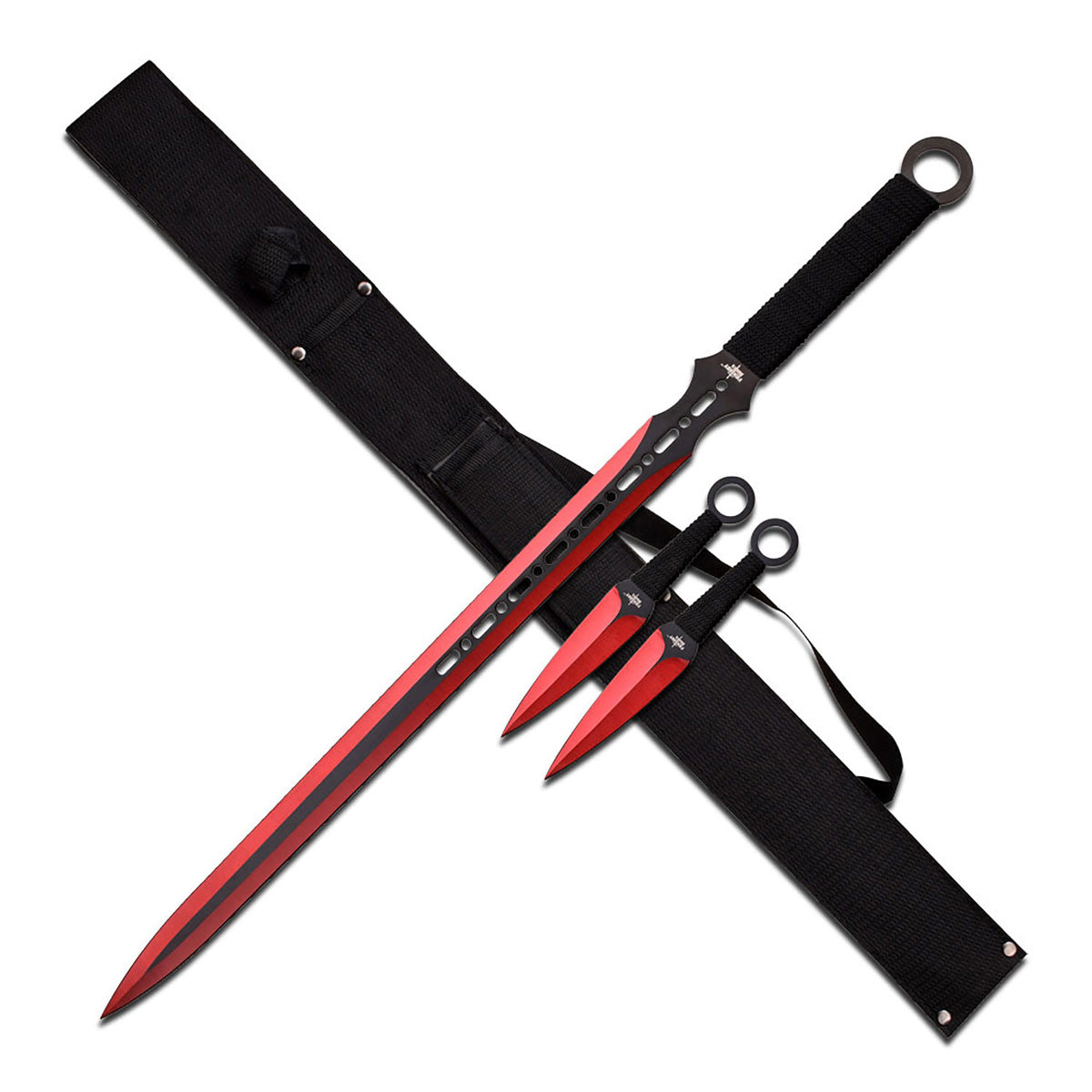Red Fantasy Sword & Throwing Knives Combo