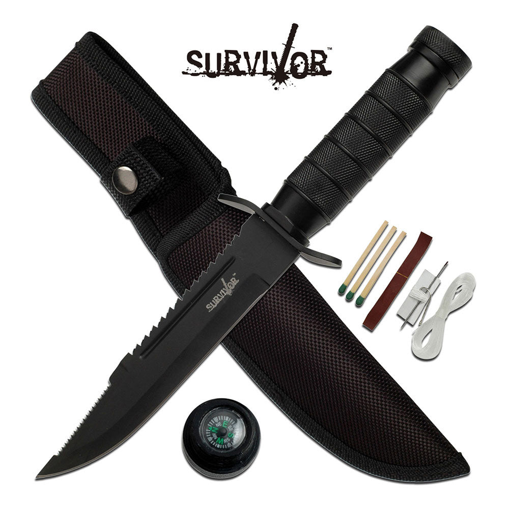 Survivor Black Double Reverse Serrated Blade w Survival Kit