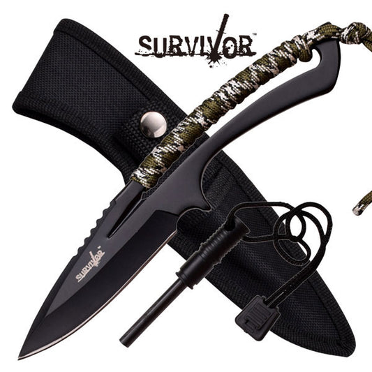 Survivor Knife w Olive Cord & Firestarter