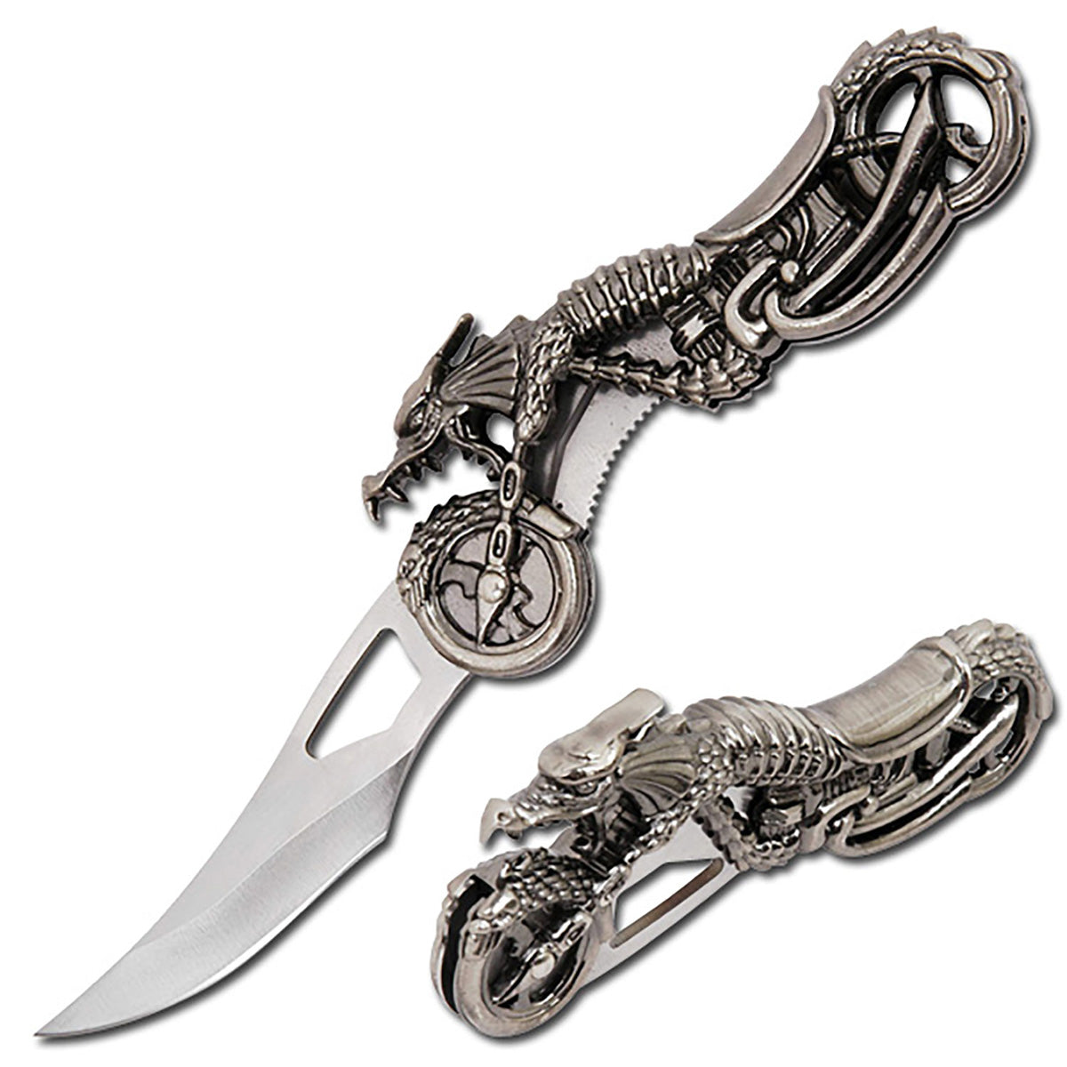 BladesUSA Antique Silver Dragon Biker Knife