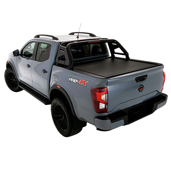 Nissan Navara MY21+ fitted with roller shutter, designed for secure tub protection, load management, and accessory compatibility.