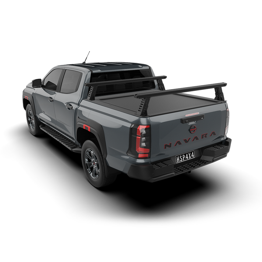 Tub Rack: HSP Load Rack JNR mounted to the tub and carrying gear on a Nissan Navara, with the HSP Roll R Cover roller shutter