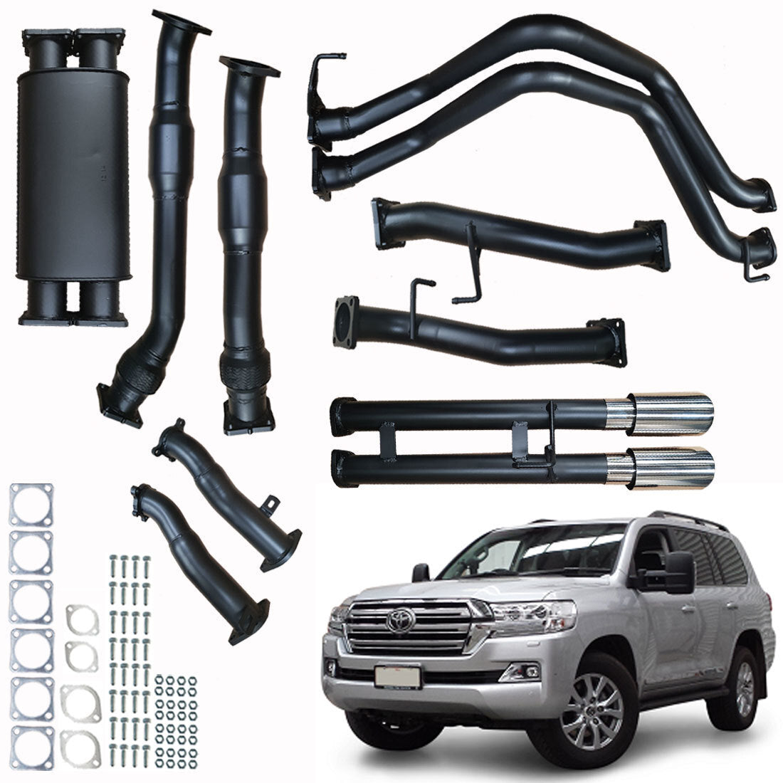 #Black - Aluminised Steel, #With Muffler, #Pipe Only + With Cats & With Mid Muffler Only