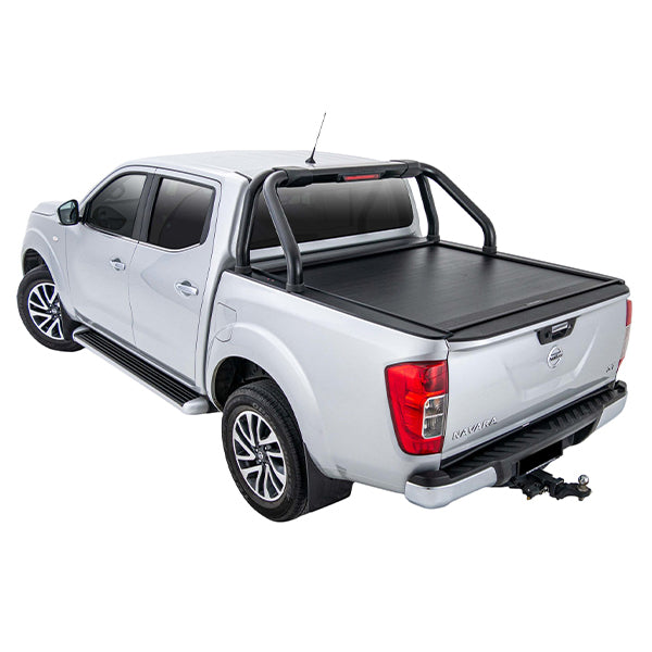 Nissan Navara 2015–2020 model fitted with roller shutter, offering secure tub coverage, weather resistance, and compatibility with racks and accessories.
