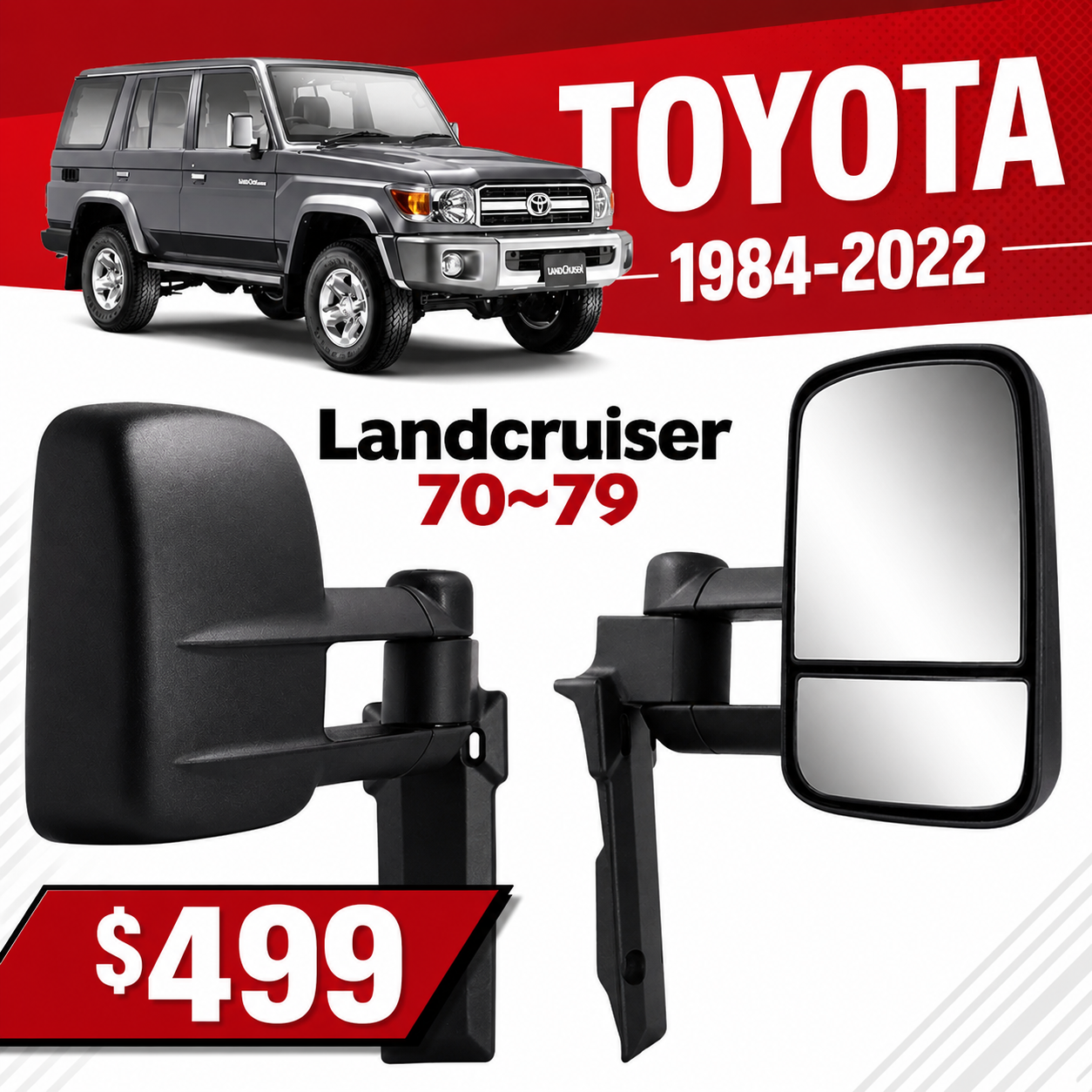 $499 - Toyota LandCruiser 70 Series Towing Mirrors 1984-2022 | Extendable Side Mirrors 70 75 76 78 7