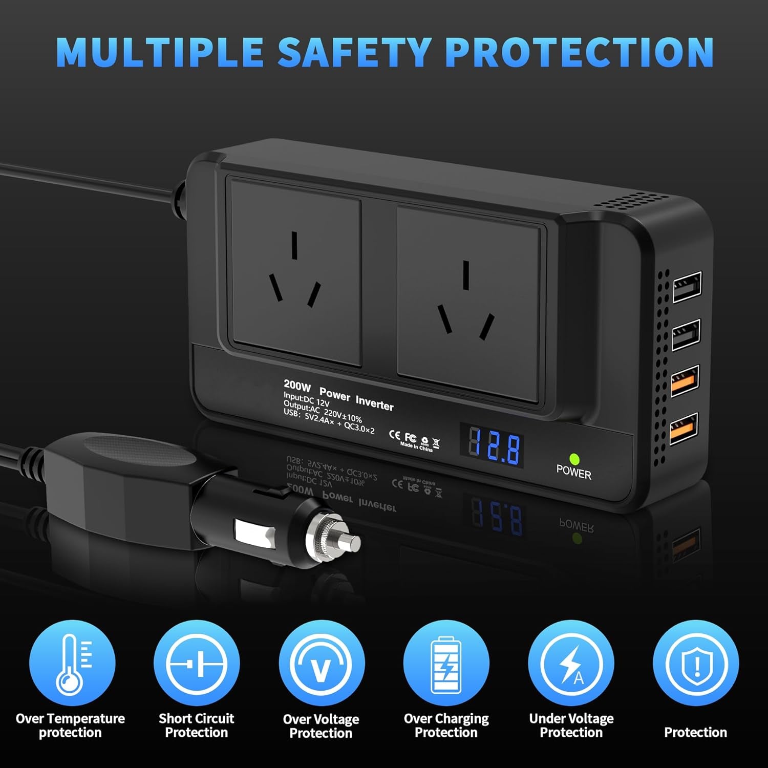 200W Car Power Inverter, DC 12V to 240V AC Converter with 2 AU Outlets & 4 USB Ports, Fast Charging Adapter with Switch and Current LED Screen for Car, SUV, Truck