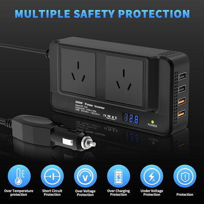 200W Car Power Inverter, DC 12V to 240V AC Converter with 2 AU Outlets & 4 USB Ports, Fast Charging Adapter with Switch and Current LED Screen for Car, SUV, Truck