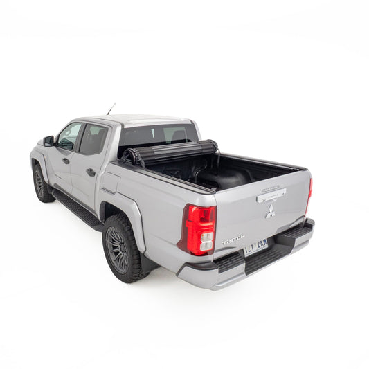 HSP Roll Mate manual roll-up cover open showing full tub access on Triton MV