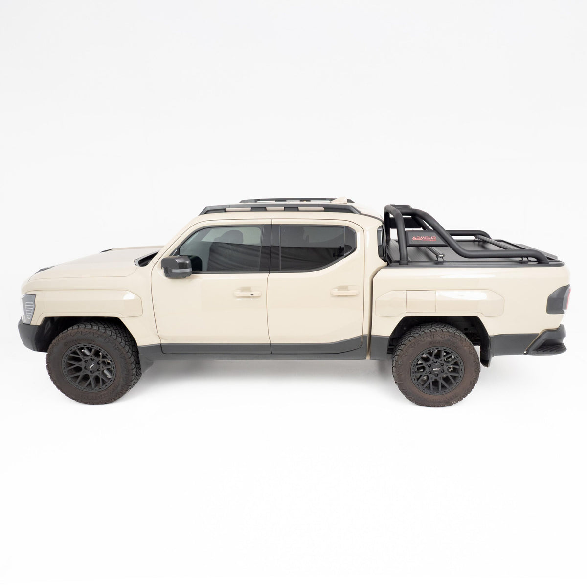 Side view of a cream Kia Tasman dual cab ute fitted with HSP Load Bars mounted to a Roll R roller cover, shown on a white background.